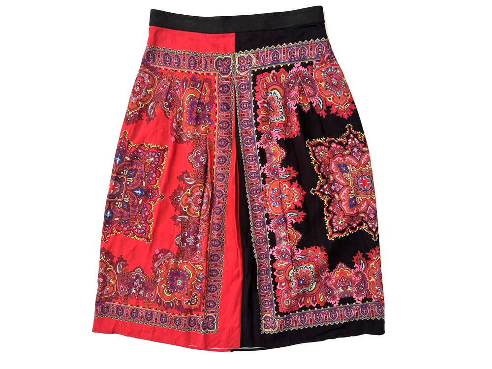 Per Se Midi Skirt 8 Red Black Pink Floral Silky Viscose Stretch Lined Pleated